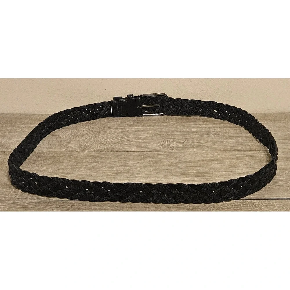 TUMI Mens Braided Leather Belt Black Woven Gunmetal Buckle 15906 Size Large